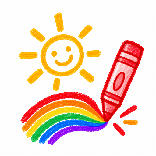 KinderDraw app icon: a smiling sun, a rainbow and a red crayon