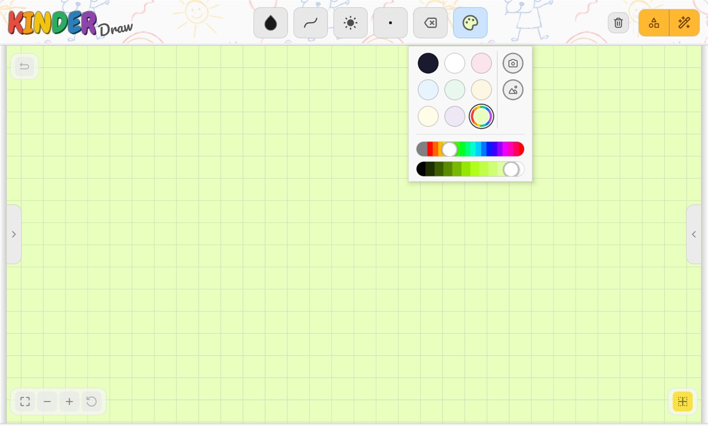 The color picker open over a pale green grid canvas, with sliders and photo-background buttons
