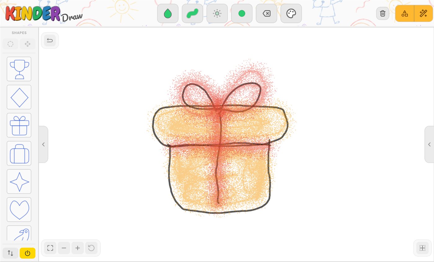 A crayon and spray drawing of a gift box, with the shape gallery open on the left