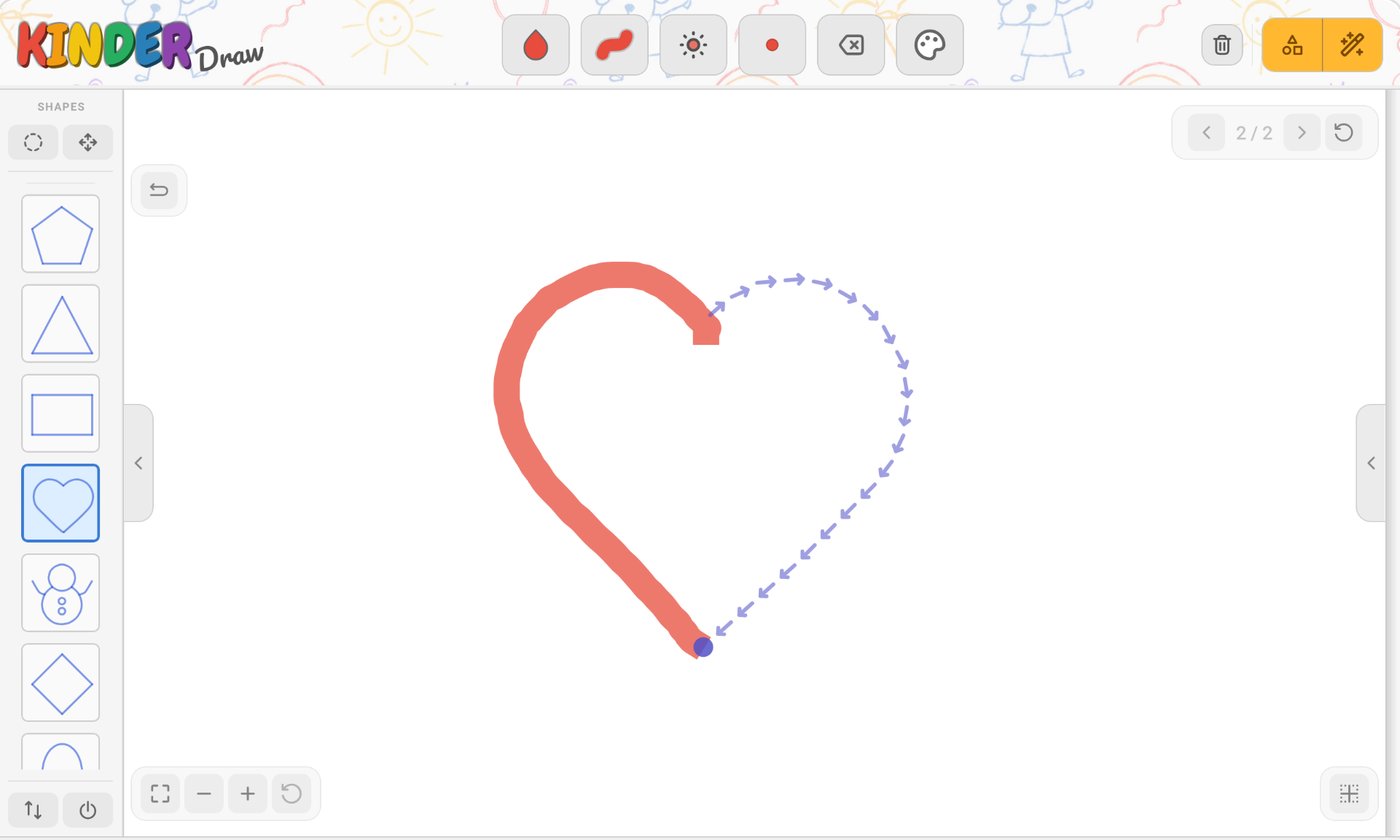 Tracing a heart: the first stroke is drawn and an animated dashed arrow shows where the second stroke goes