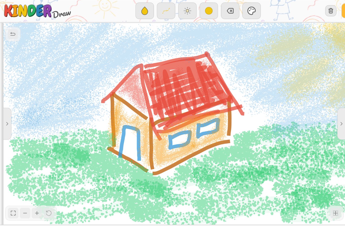 A child's crayon drawing of a house with a red roof, green grass and blue sky in KinderDraw