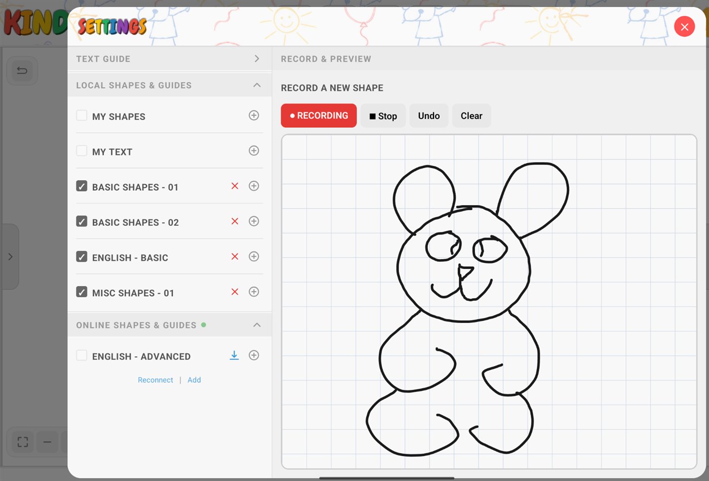 Recording a new shape guide: a hand-drawn bear on a grid with Record, Stop, Undo and Clear buttons