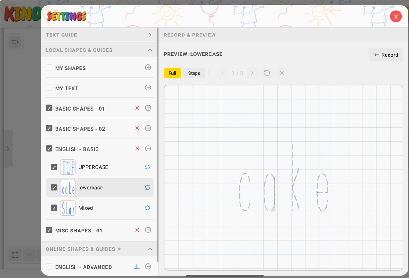 The settings screen previewing the lowercase word “coke” as dashed letters to trace
